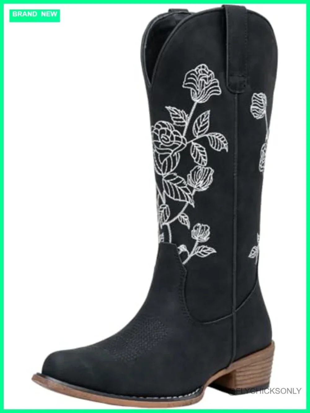 Mid Calf Western Cowboy Boots with Floral Embroidery Low Heel Side Zipper